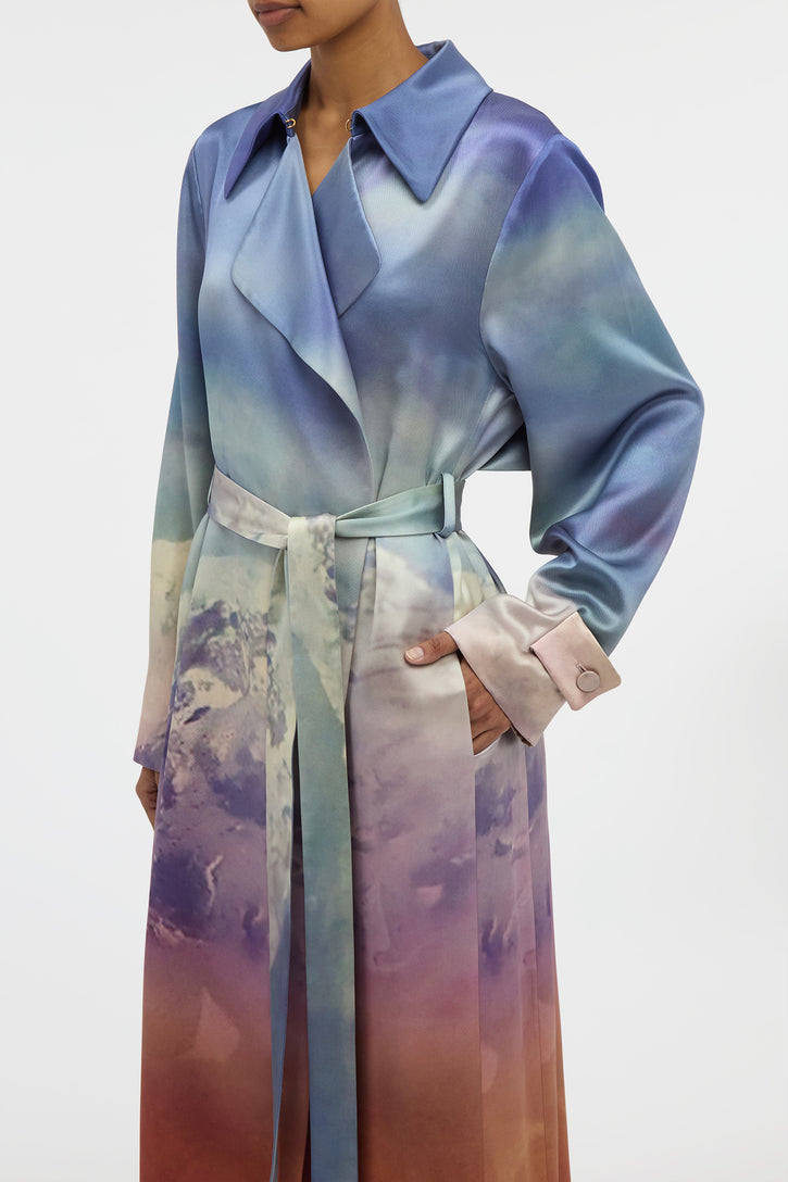 Lyra Trench Coat in Mountain Printed Satin Silk Twill