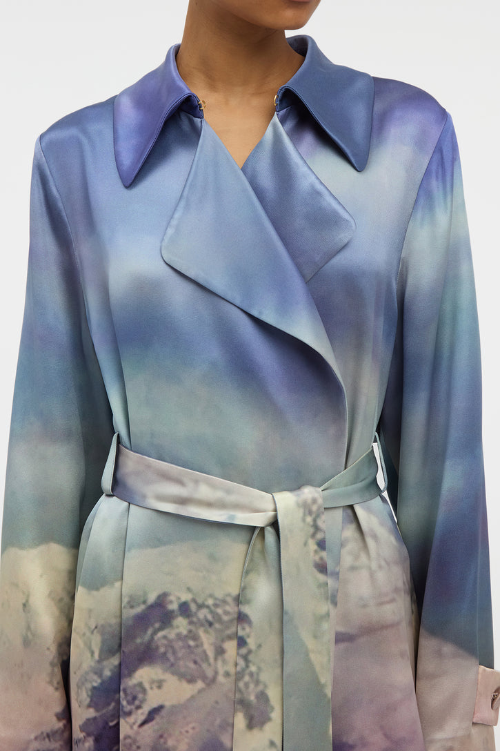 Lyra Trench Coat in Mountain Printed Satin Silk Twill