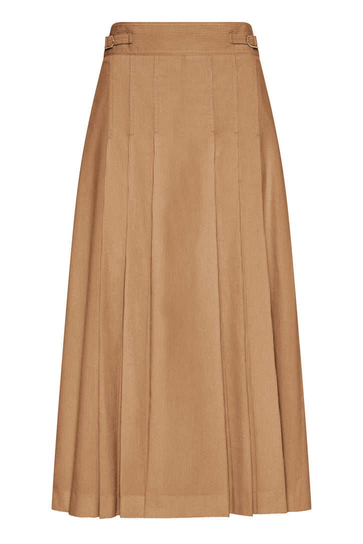 Wesley Pleated Skirt in Camel Sea Island Cotton Corduroy