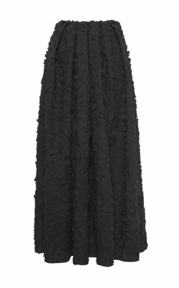 Zelia Embroidered Leaves Maxi Skirt in Black Linen