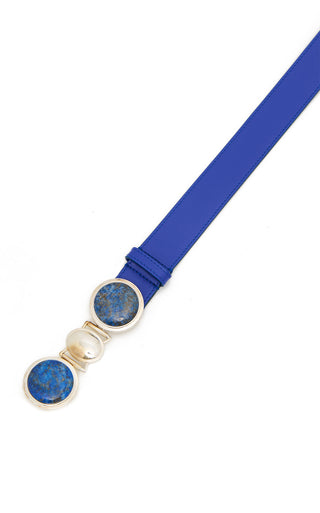 Grange Stone Belt Buckle Detail in Navy Leather - Close Up | Gabriela Hearst