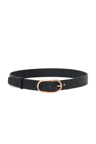 Black Calf Leather Belt with Rose Gold Oval Buckle - Front View | Gabriela Hearst