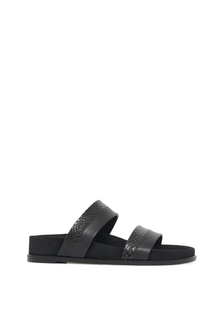 Low Striker Flat Sandal in Black Suede Leather & Snakeskin