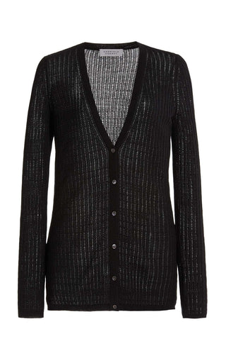Black Cashmere Silk Emma Pointelle Knit Cardigan - V-Neck Button Front Flat View | Gabriela Hearst