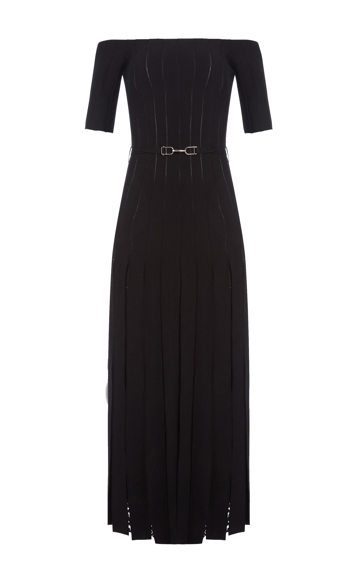 black knitted off shoulder dress Entro Black Ribbed Knit Off Shoulder Midi Dress