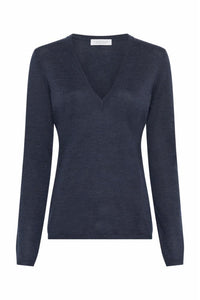 Clementia Knit V-Neck Sweater in Denim Cashmere Silk