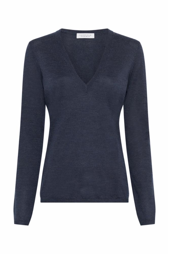 Clementia Knit V-Neck Sweater in Denim Cashmere Silk