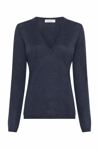 Clementia Knit V-Neck Sweater in Denim Cashmere Silk