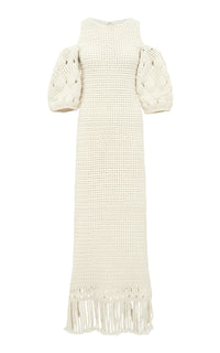 Levana Fringe Knit Maxi Dress in Ivory Cashmere