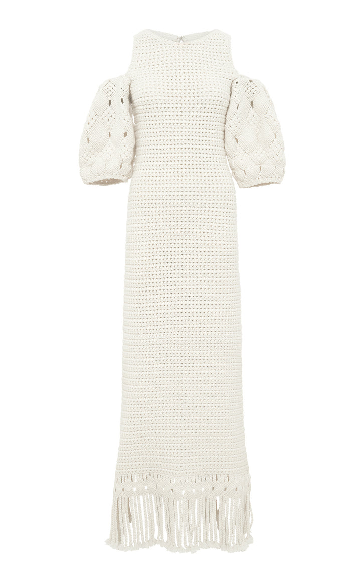 Levana Fringe Crochet Maxi Dress in Ivory Cashmere