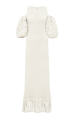 Levana Fringe Crochet Maxi Dress in Ivory Cashmere