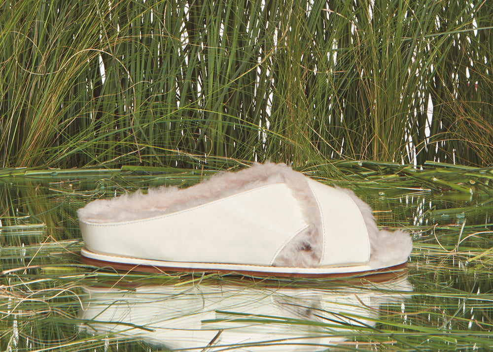Ellington Flat Slide in Cream Leather with Wool Fur