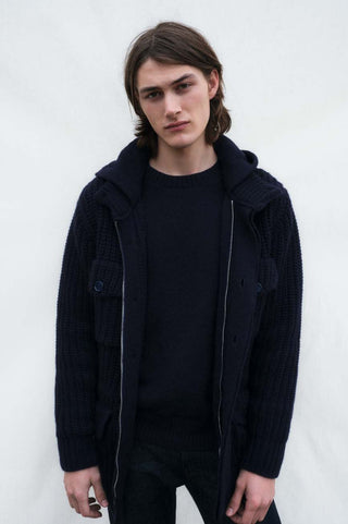 Navy Knit Zip Hoodie Menswear Look - Front View | Gabriela Hearst