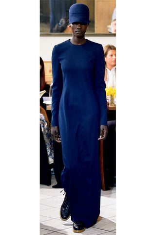 Navy Wool Long Sleeve Maxi Dress with Baseball Cap - Full Length On Model | Gabriela Hearst