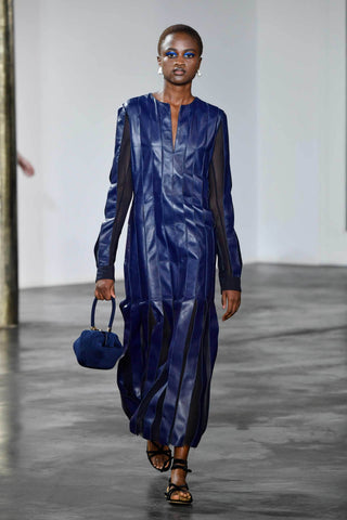 Navy Suede Demi Bag - Runway Model Walking | Gabriela Hearst