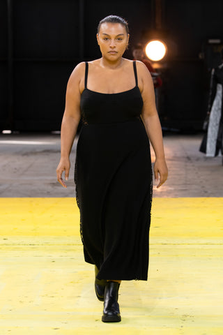 Black Knit Slip Dress with Lace Detail - Model Walking Runway | Gabriela Hearst