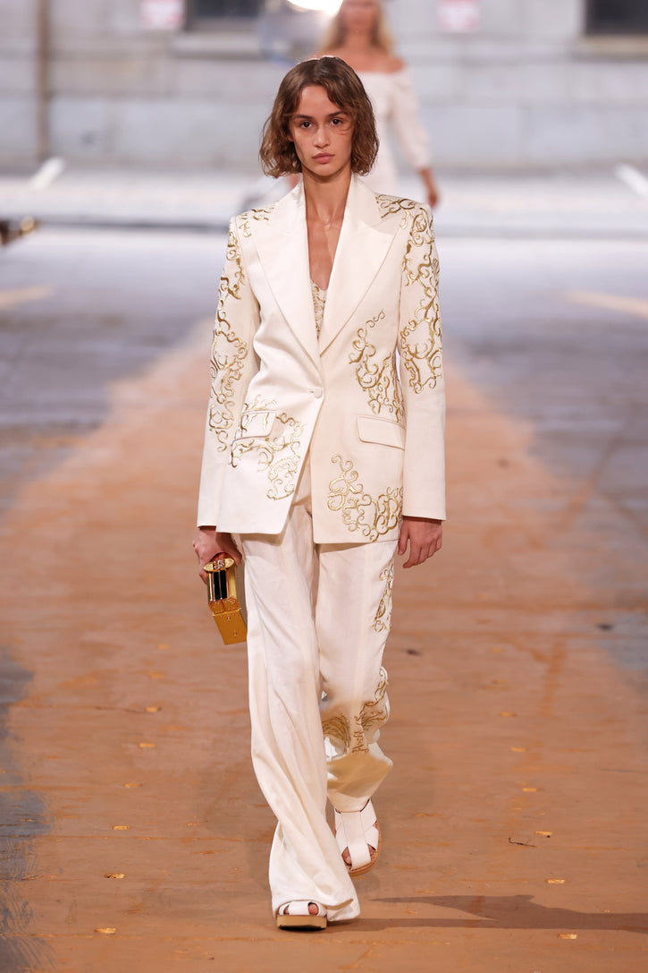 Leiva Embroidered Blazer in Ivory Textured Linen