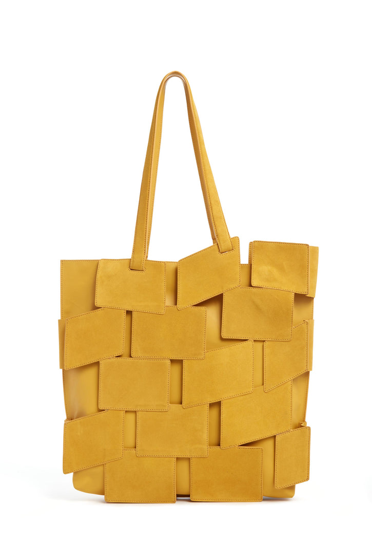 Laquered Tote Bag in Golden Birch Patchwork Suede