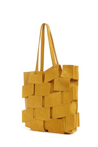 Laquered Tote Bag in Golden Birch Patchwork Suede