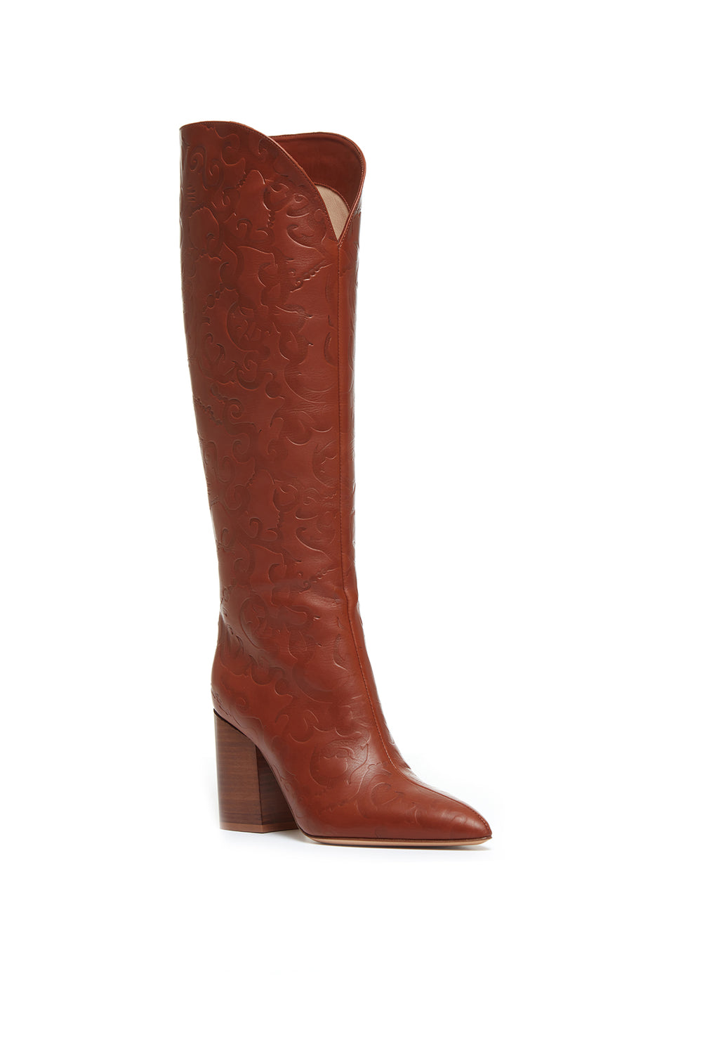 Cora Debossed Knee-High Boots in Cognac Leather