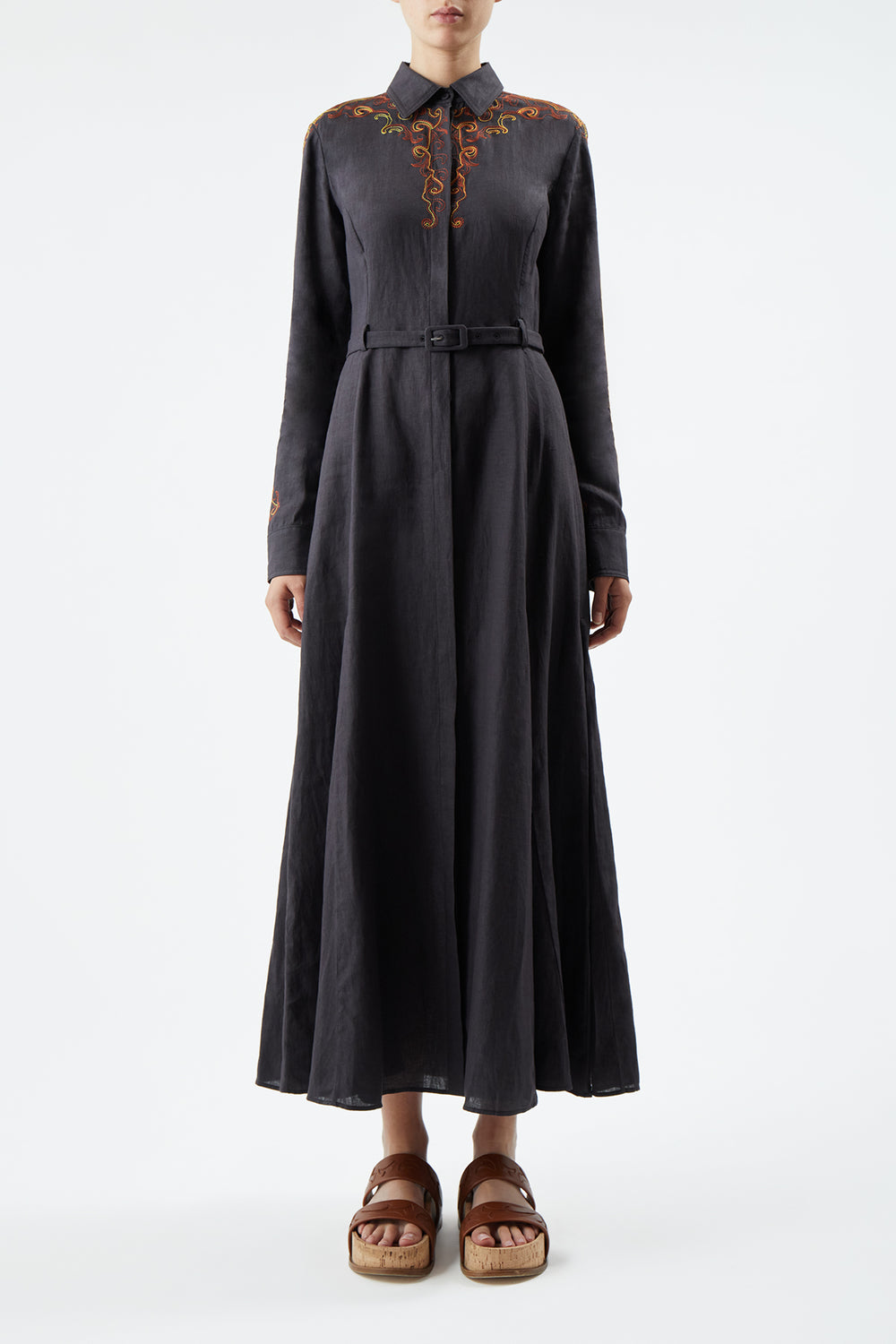 Mcgraw Embroidered Shirtdress in Charcoal Aloe Linen
