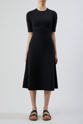 Black Merino Wool Cashmere Knit Midi Dress - Front View On Model, A-Line Silhouette | Gabriela Hearst