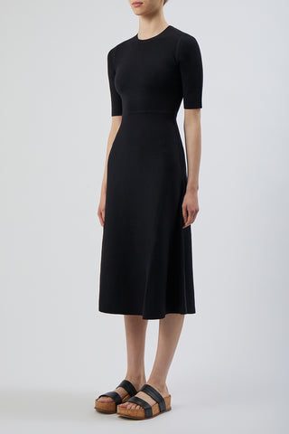 Black Merino Wool Cashmere Knit Midi Dress - Side Profile View, Flared Skirt | Gabriela Hearst
