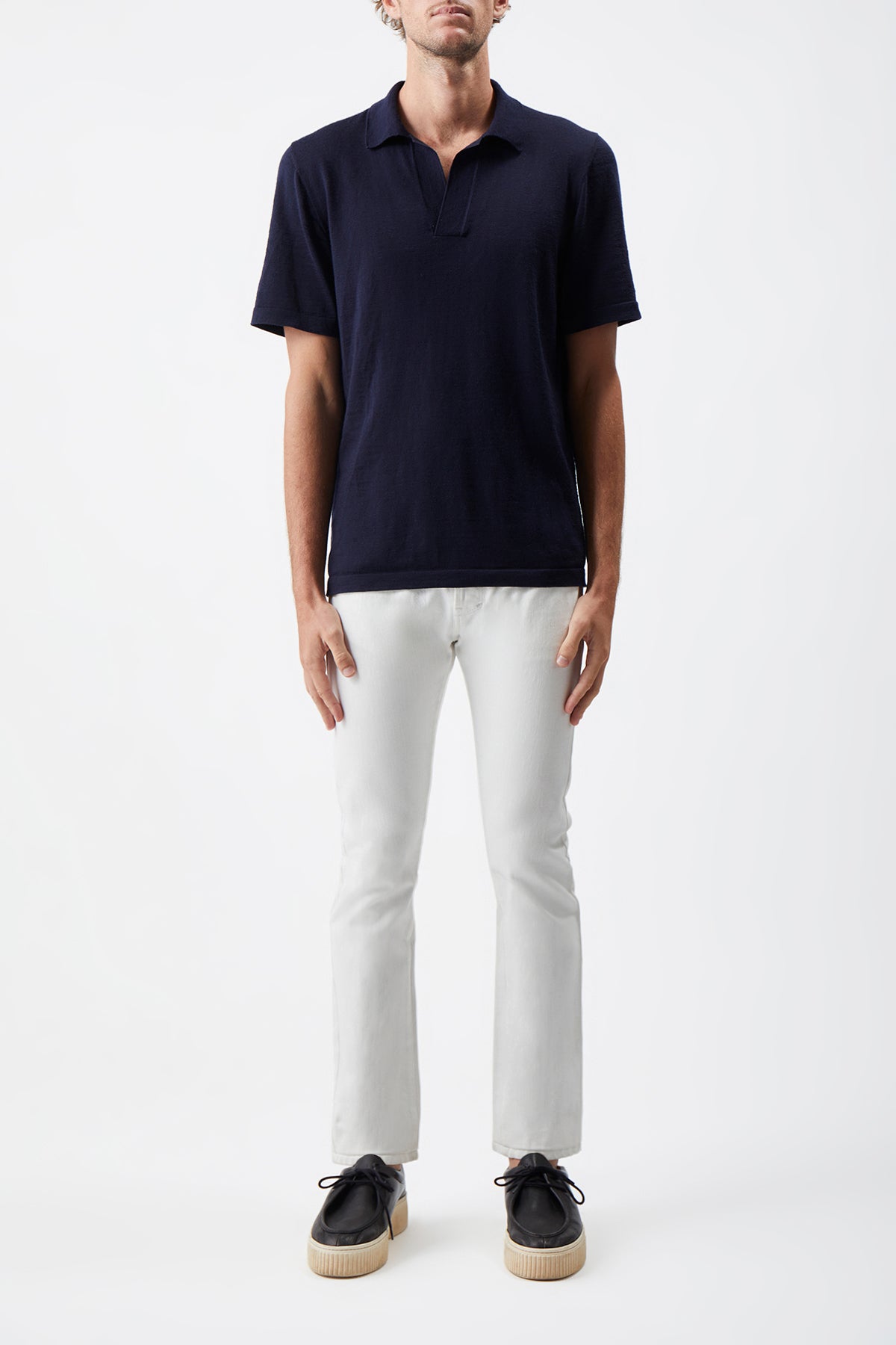 Stendhal Knit Short Sleeve Polo in Navy Cashmere