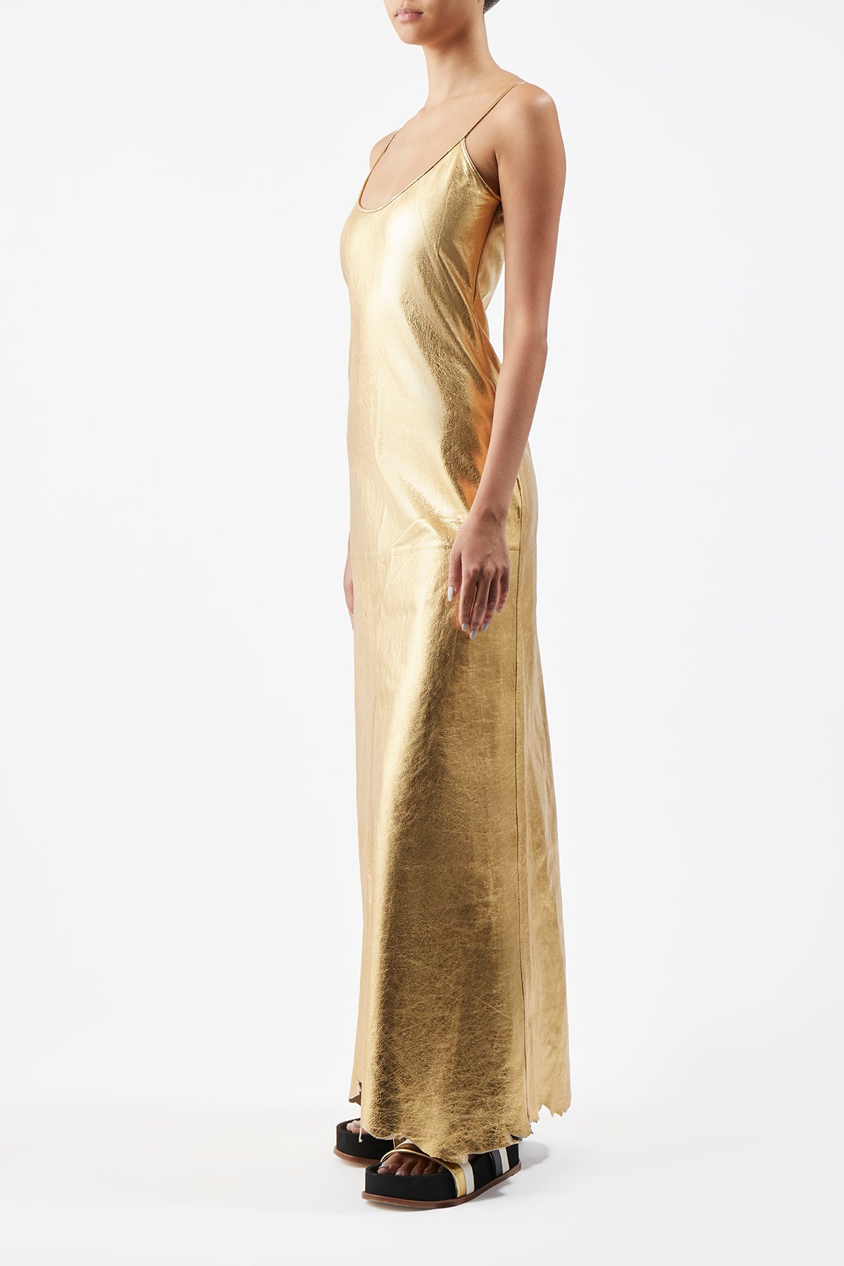 Teles Slip Dress in Gold Metallic Leather