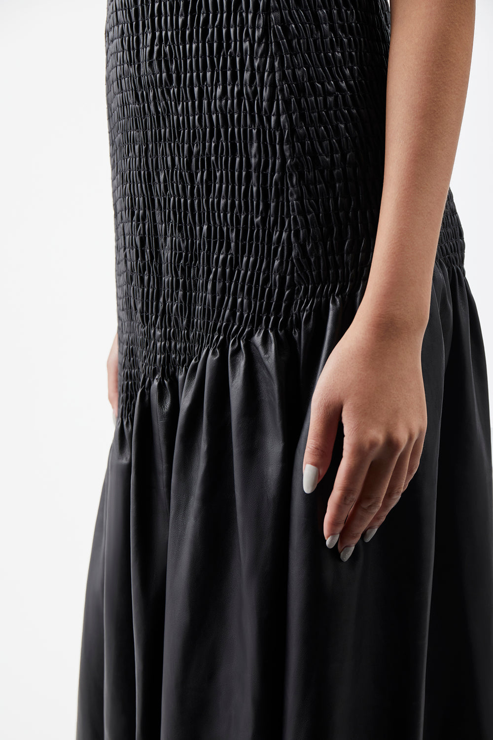 Veloso Shirred Dress in Black Nappa Leather