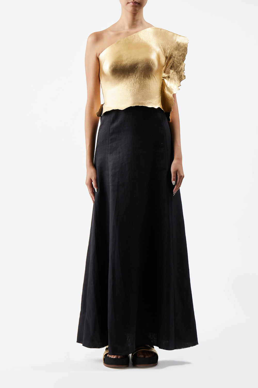 Cleis Dress in Black Silk Cady & Gold Metallic Nappa Leather