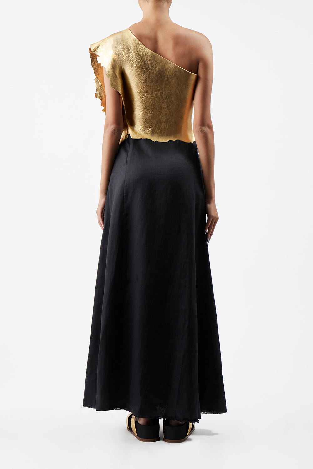 Cleis Dress in Black Silk Cady & Gold Metallic Nappa Leather