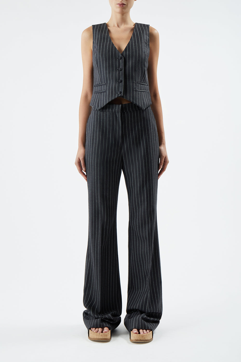 Pinstripe Zeta Vest in Grey Pinstripe Wool
