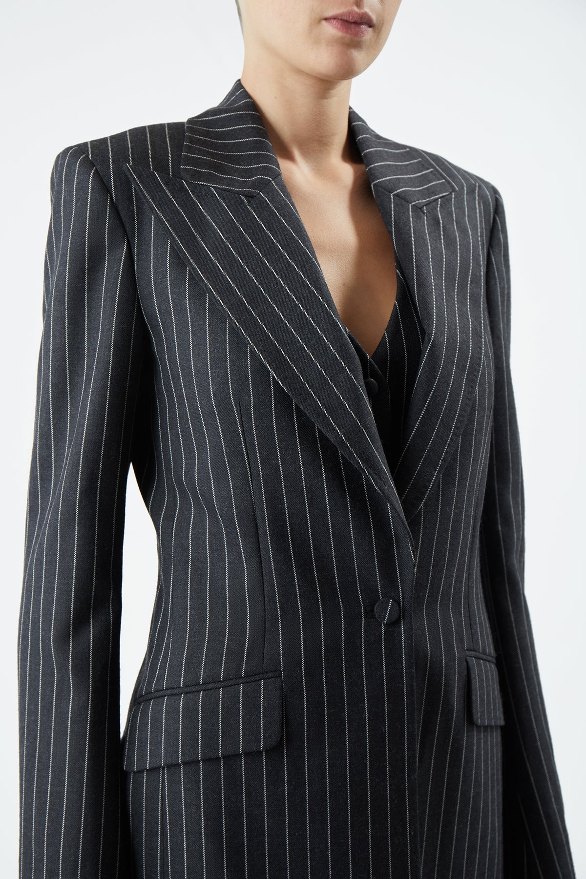 Leiva Blazer in Grey Pinstripe Wool