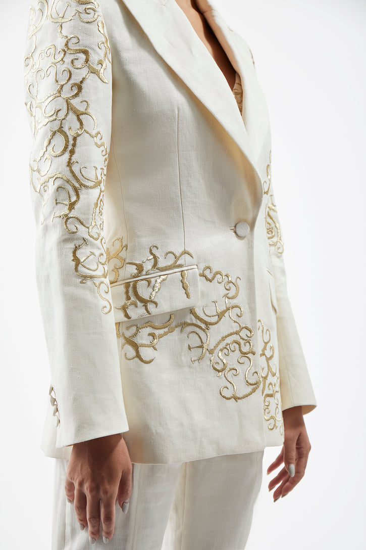 Leiva Embroidered Blazer in Ivory Textured Linen