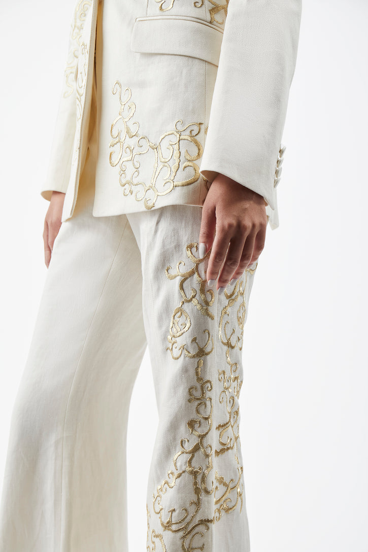 Rhein Embroidered Pant in Ivory Textured Linen