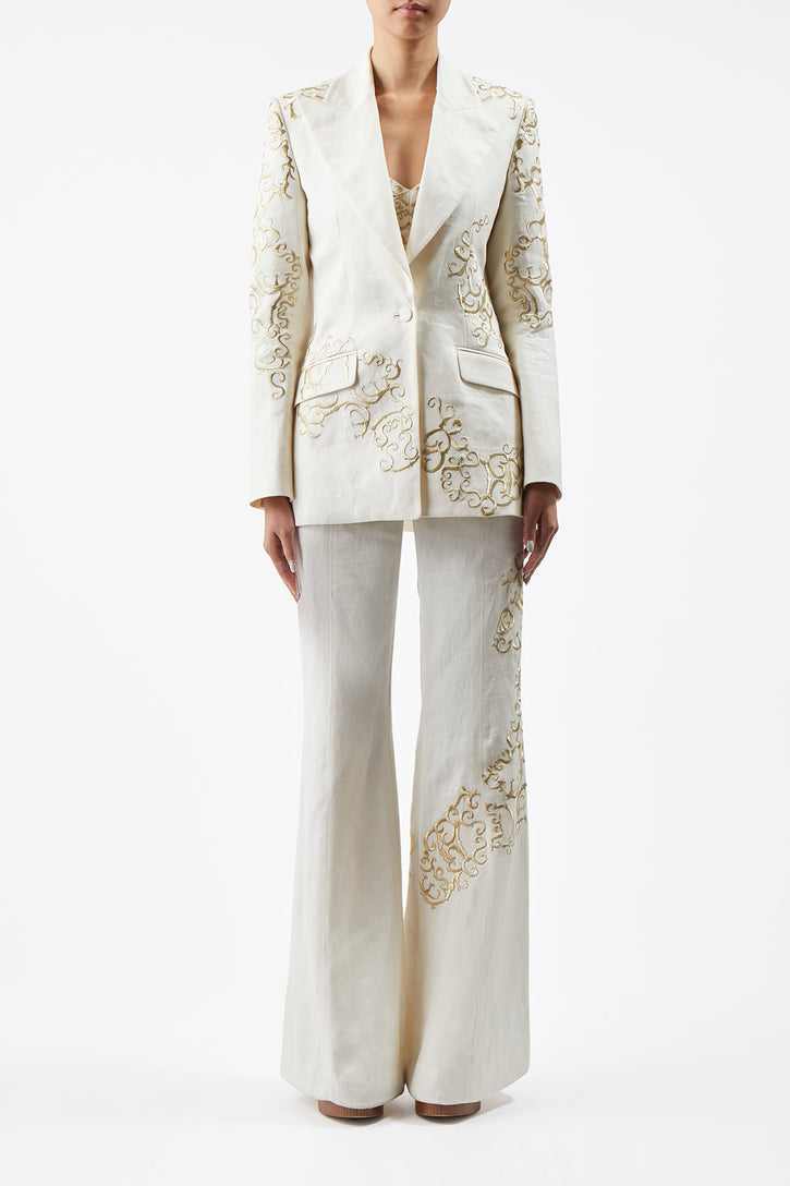 Rhein Embroidered Pant in Ivory Textured Linen