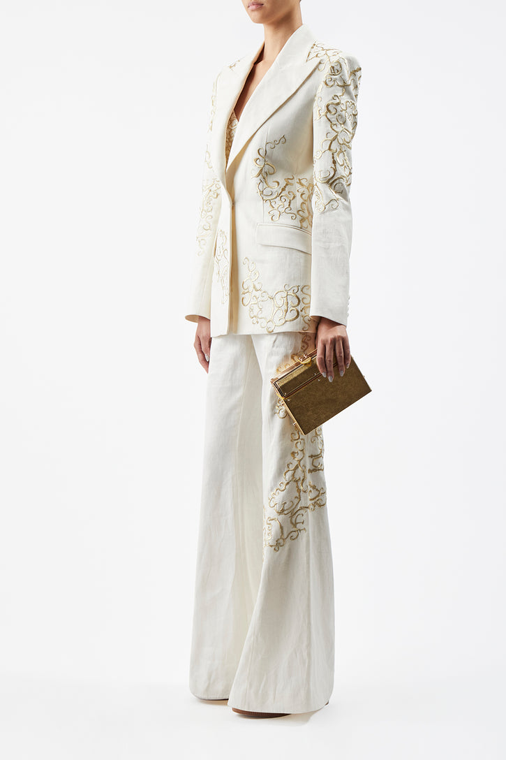 Rhein Embroidered Pant in Ivory Textured Linen