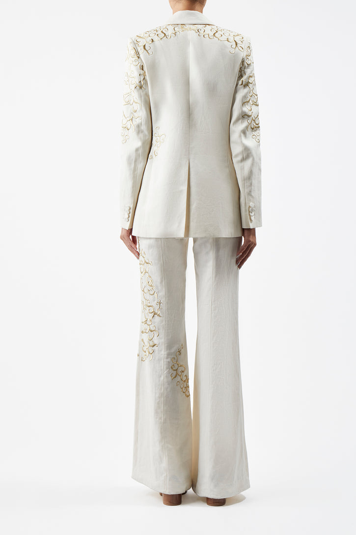 Rhein Embroidered Pant in Ivory Textured Linen