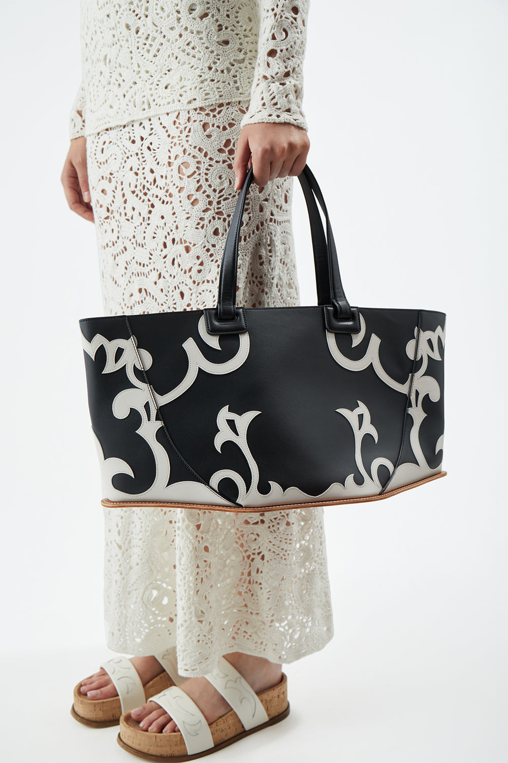 Coyote Western Tote Bag in Black & Ivory Leather
