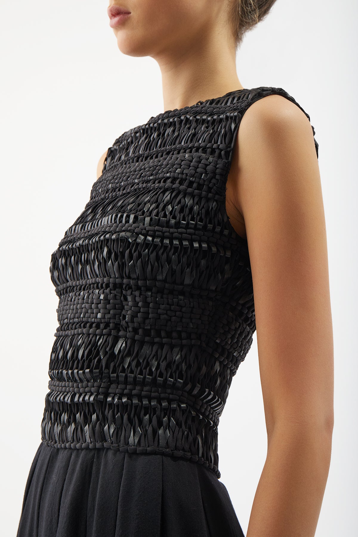 Yeni Dress in Black Woven Leather