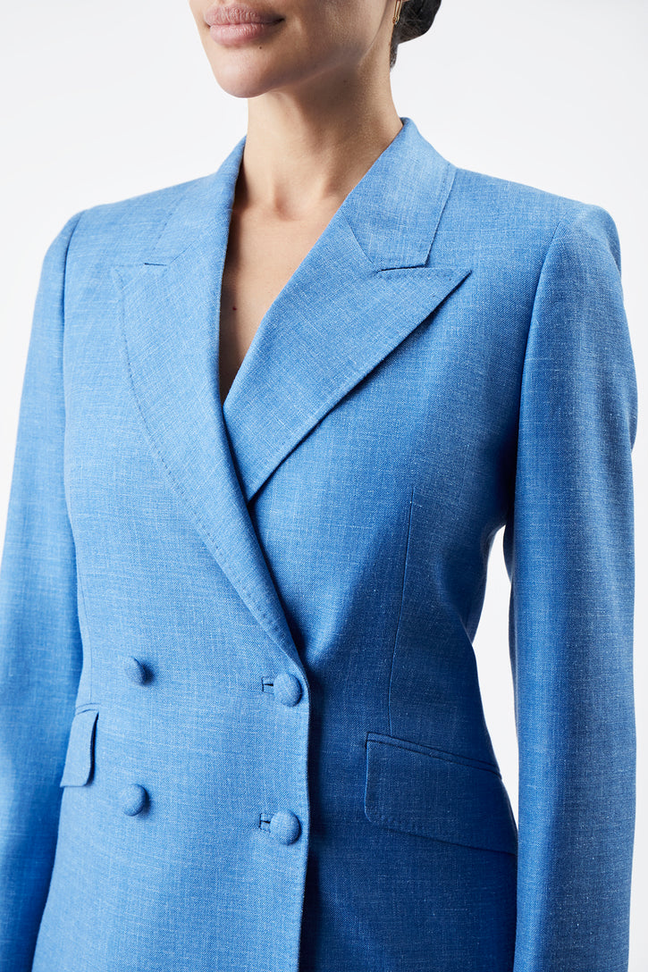 Stephanie Blazer in Aventurine Blue Virgin Wool and Silk Linen Twill