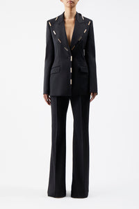 Leiva Blazer in Black Sportswear Wool with Gold Bars