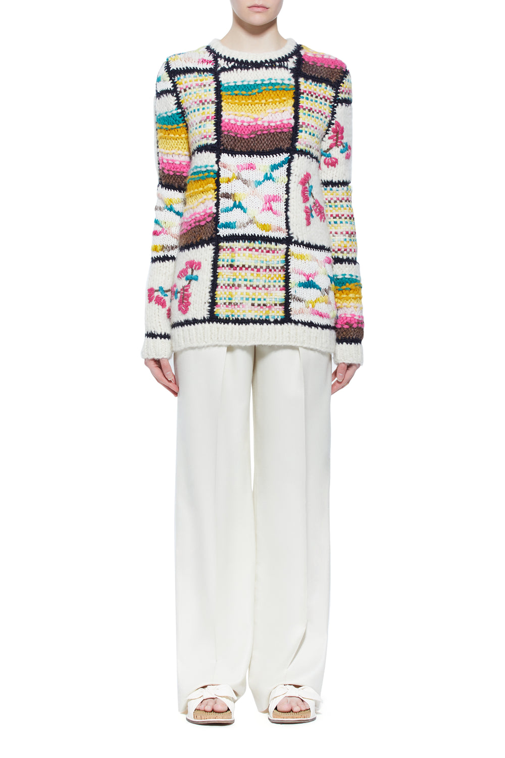 Lawrence Patchwork Knit Sweater in Ivory Multi Welfat Cashmere
