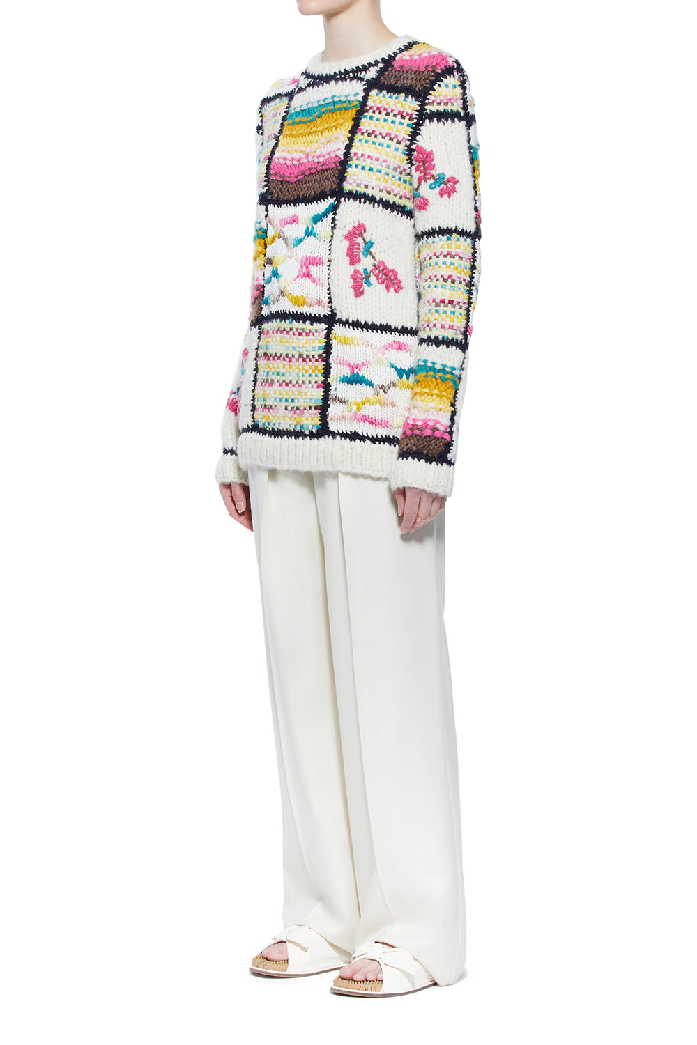 Lawrence Patchwork Knit Sweater in Ivory Multi Welfat Cashmere