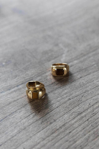 Two 18K Gold Tiger's Eye Rings - Wood Surface Styling | Gabriela Hearst