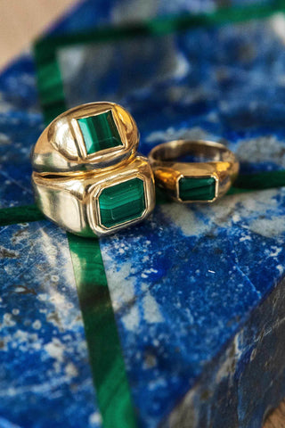 18K Yellow Gold Malachite Rings - Styled on Blue Stone | Gabriela Hearst