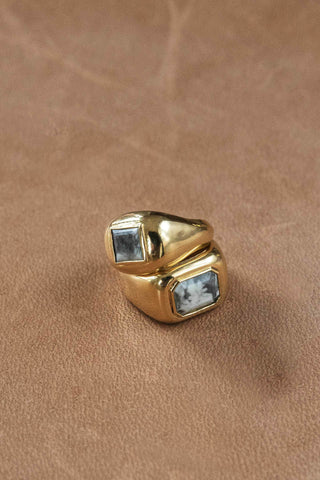 18K Yellow Gold Howlite Stone Rings Stacked - Warm Suede Background Display | Gabriela Hearst