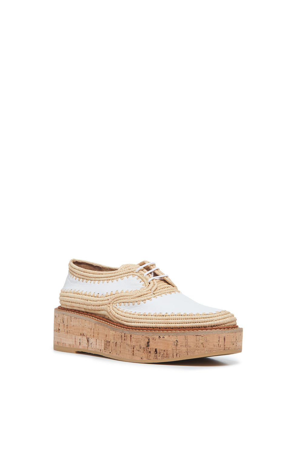 Louis Platform Brogue in White Leather & Natural Raffia