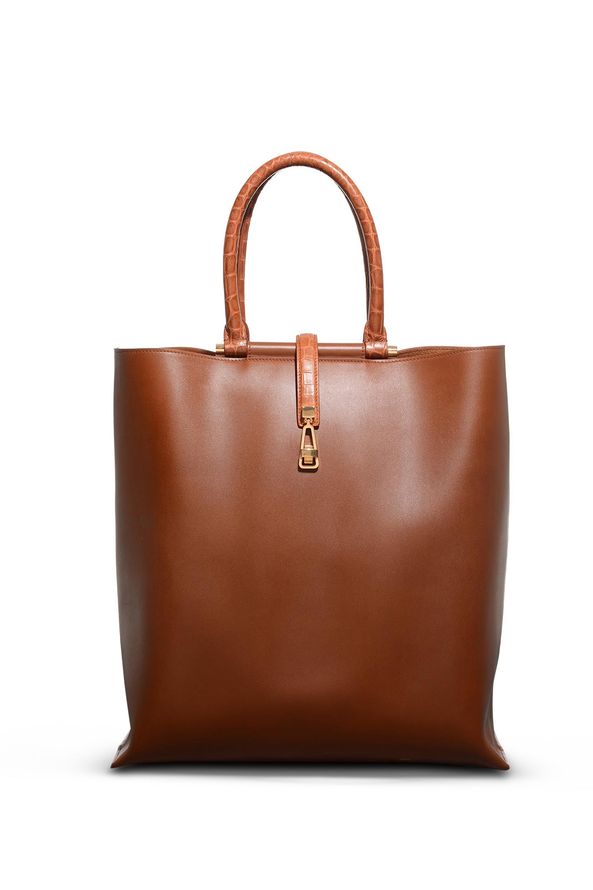 Vevers Tote Bag in Cognac Leather with Crocodile Leather Handle